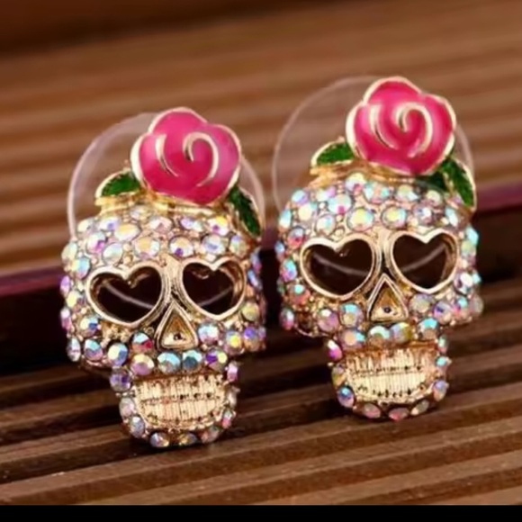 Pink Skull Skeleton Gold Crystal Earrings - Picture 2 of 13
